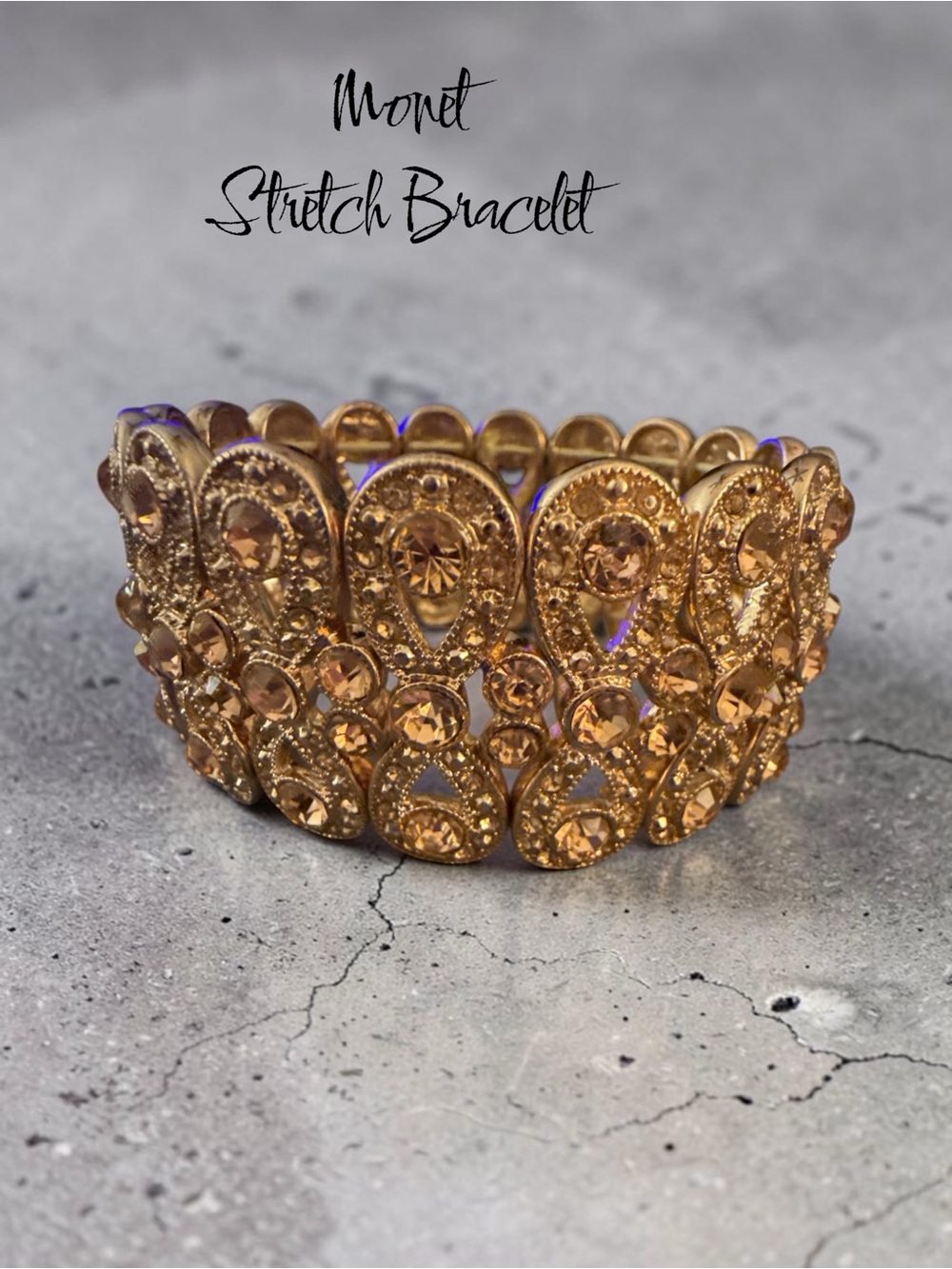 Vintage Monet Rose Gold Tone Stretch Bracelet Champagne Crystal Statement Cuff